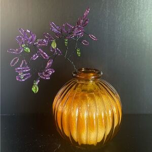 Amber Glass Vase with Purple and Green Beaded Branches